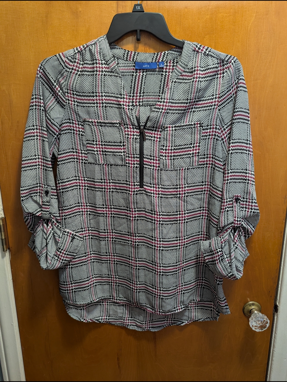 Apt. 9 Black, White & Pink Plaid V-Neck Roll-Sleeve Blouse
